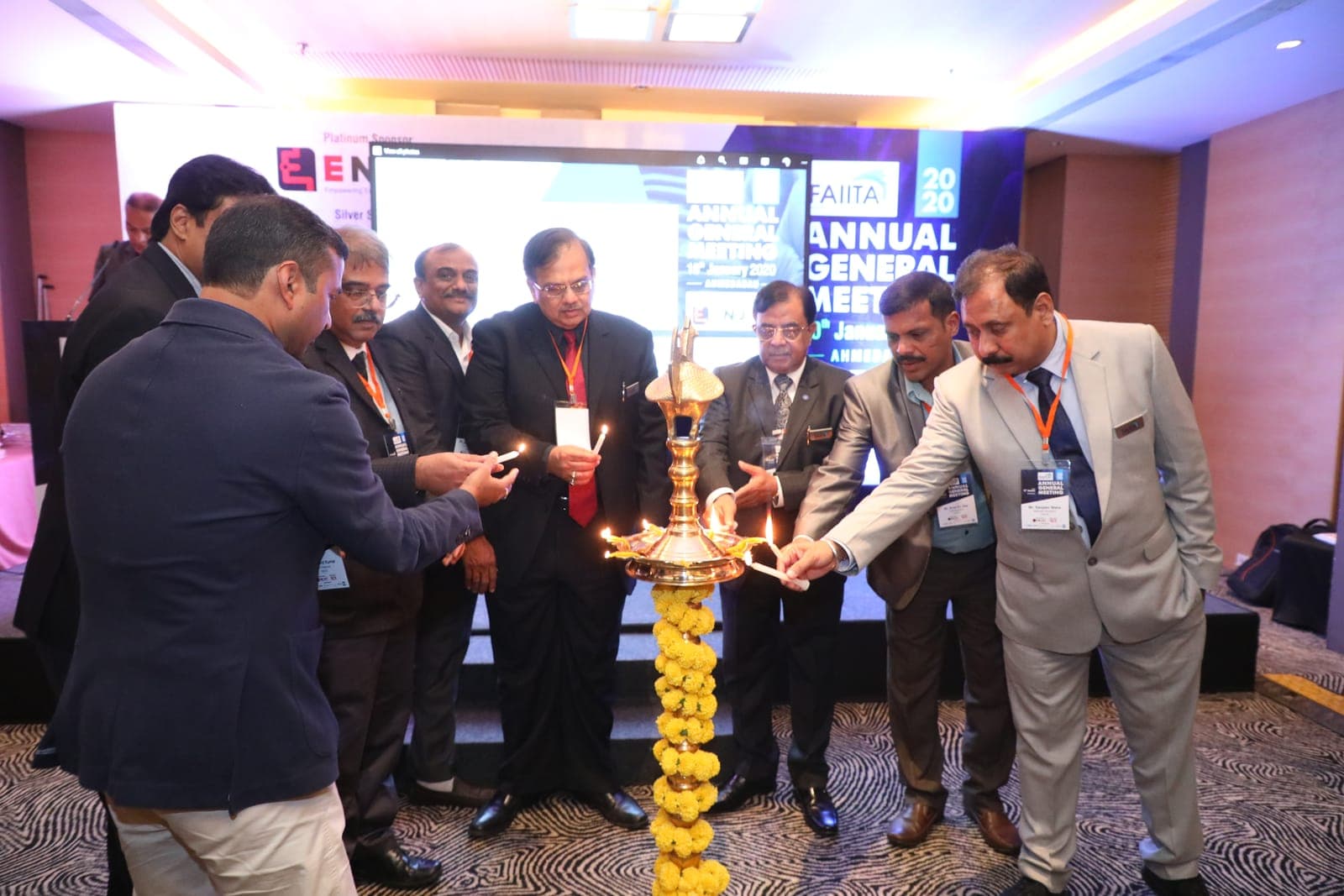 Dignitaries light the ceremonial lamp to open the FAIITA Annual General Meeting 2020 in Ahmedabad