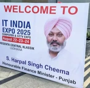 Official welcome banner of IT India Expo 2025 featuring Punjab Finance Minister S. Harpal Singh Cheema.
